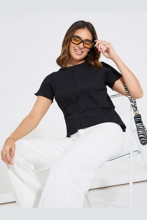 Styli Women Solid Exposed Seam Overlock Detail T-shirt