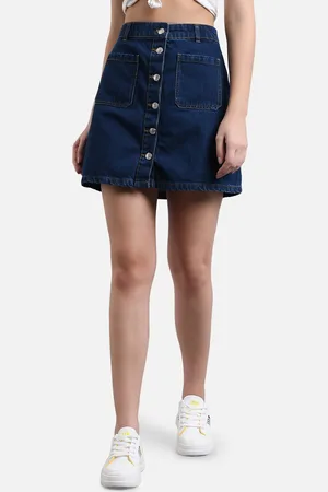KOTTY Women Navy Blue Solid Denim A-Line Mini Skirt