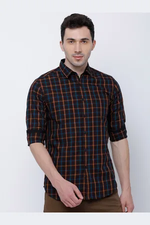 LocoMotive Men Brown & Mustard Slim Fit Checked Casual Shirt