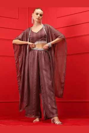 indo street Striped V-Neck Top & Palazoo With Shrug