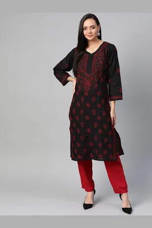 ADAM Co. Floral Embroidered Notch Neck Lucknowi Chikankari Cotton Straight Kurta