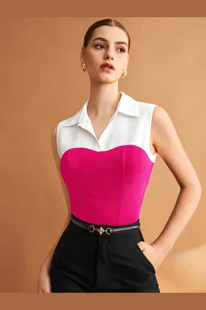 Rare Fashion Women Shirt Collar Colourblocked Sleeveless Top