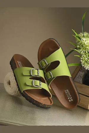 HERE&NOW Women Faux Leather Open Toe Slip On Flats with Buckles