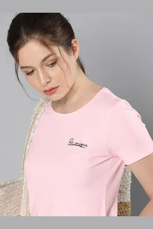 HERE&NOW Women Pink Solid Pure Cotton T-shirt