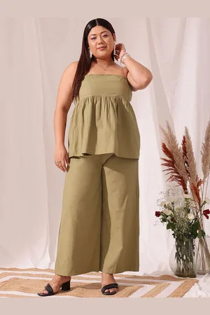 CURVY STREET Plus Size Off Shoulder Pure Cotton Top With Trousers
