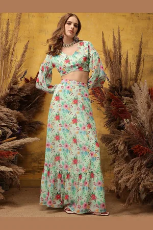 indo street Floral Printed V-Neck Top & Skirt