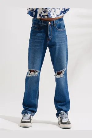 FREAKINS Men Cotton Wide Leg High-Rise Slash Knee Light Fade Ripped Jeans