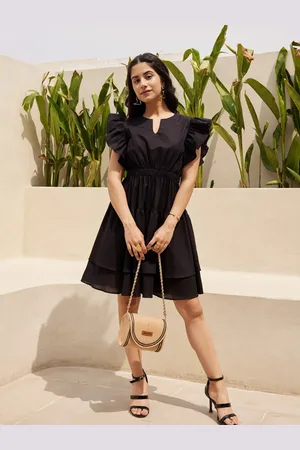 Ambraee Notch Neck Flutter Sleeve Ruffled Empire Tiered Mini Dress