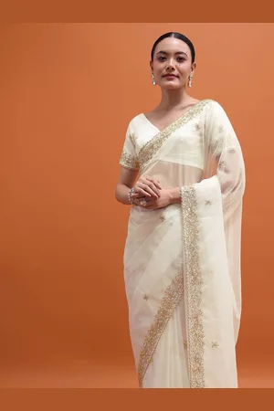 KALKI Fashion Embroidered Beads and Stones Floral Organza Saree