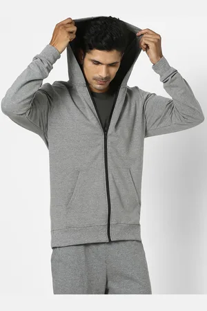 DECATHLON Men Grey Full-Zip Hooded Cotton Sweatshirt