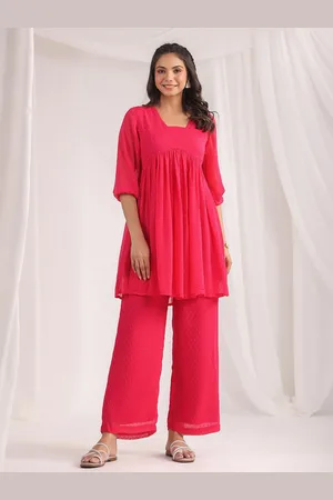 Janasya Self Design Square Neck Georgette Tunic With Trousers