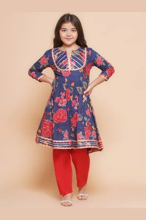 Bhama Girls Floral Printed Gotta Patti Pure Cotton Anarkali Kurta With Palazzos