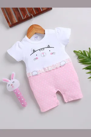Moms Love Infant Girls Printed Cotton Rompers with Applique Detail