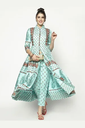 Sera Floral Printed High Slit Mandarin Collar Pure Cotton Anarkali Kurta with Palazzos