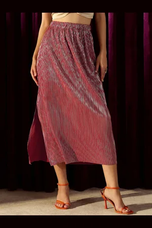 KASSUALLY Women Pleated Straight Side Slit Midi Skirt