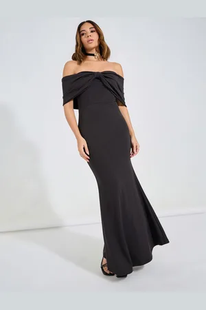 Styli Women Black Off Shoulder Bow Style Bodycon Maxi Dress