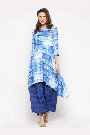 Sera Blue Boat Neck Printed Cotton Anarkali Kurta