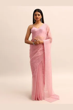 KALKI Fashion Ethnic Motifs Embroidered Organza Pink Saree