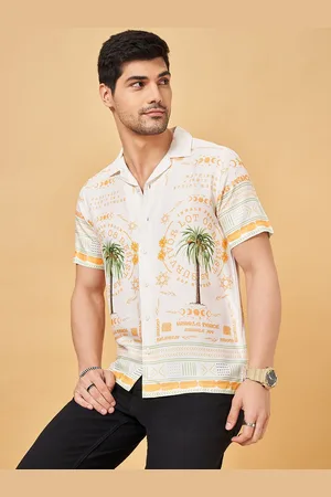 PEOPLE Men Cuban Collar Typography Printed Slim Fit Casual Shirt