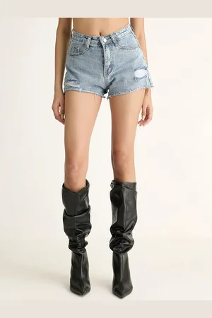 FREAKINS Women Cotton Washed High-Rise Denim Shorts