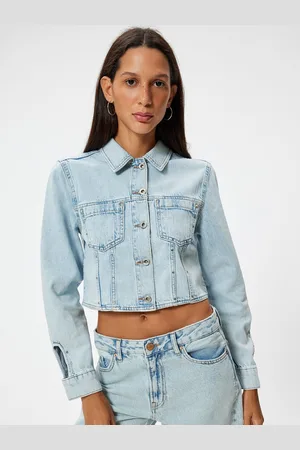 Koton Women Solid Crop Denim Jacket with Patchwork