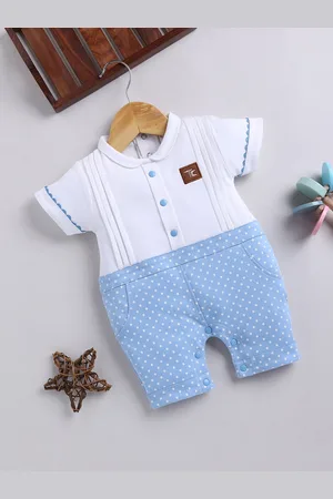 Moms Love Infant Boys Polka Dot Print Pure Cotton Romper with Pleated Detail
