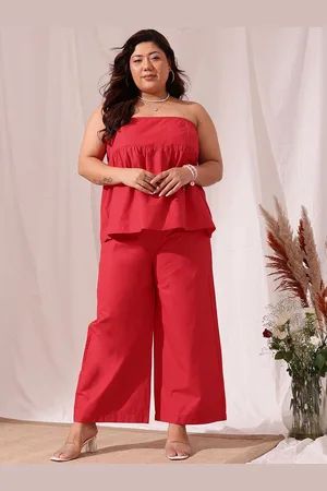 CURVY STREET Plus Size Off Shoulder Sleeveless Pure Cotton Top & Trouser