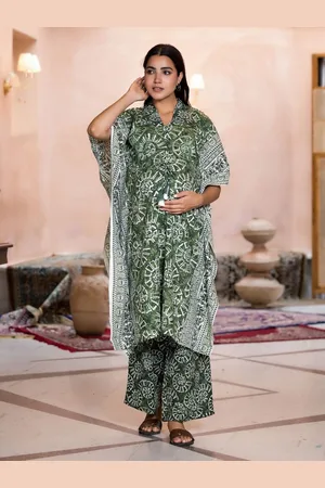 Aujjessa Ethnic Printed Beads and Stones Pure Cotton Kaftan Maternity Kurta with Palazzo