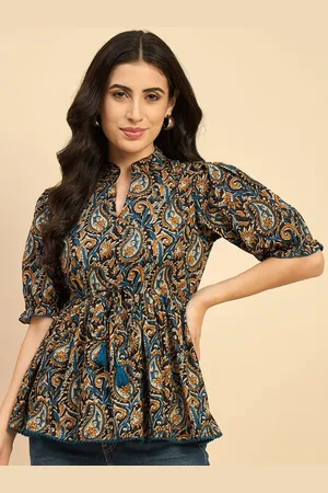 Azira Women Ethnic Printed Mandarin Collar Cotton Top