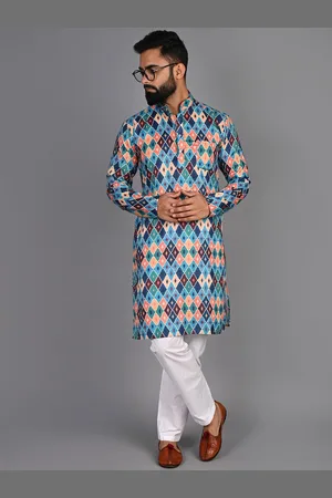 FUBAR Selection Of 2 Printed Mandarin Collar Knitted Weave Pure Cotton Straight Kurtas