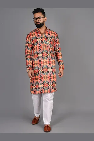FUBAR Selection Of 2 Printed Mandarin Collar Knitted Weave Pure Cotton Straight Kurtas