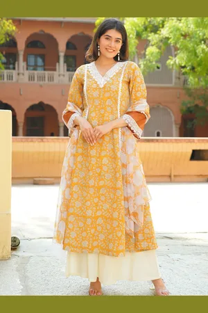 Ambraee Floral Printed Thread Work Pure Cotton Kurta with Palazzos & Dupatta