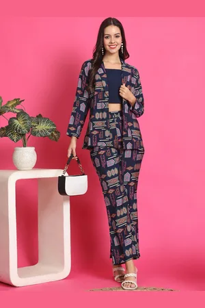 Claura Printed Chanderi Silk Crop Top & Trousers With Jacket