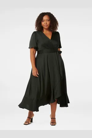 Forever New Flared Sleeve Satin Ruffle Wrap Midi Plus Size Dress