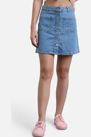 KOTTY Women Blue Solid Denim Mini A-Line Skirt