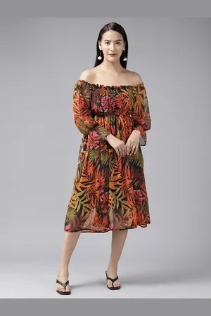 BAESD Women Tropical Printed Off-Shoulder Bell Sleeve Fit and Flare Dress