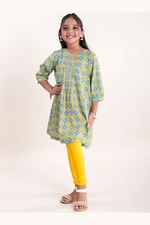 KiddoPanti Girls Round Neck Ethnic Motifs Printed Pleated Pure Cotton Kurta With Leggings