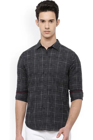 LocoMotive Men Grey Slim Fit Self-Checked Casual Shirt