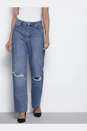 NA-KD Women Pure Cotton Raw Hem Straight Fit High-Rise Mildly Distressed Jeans