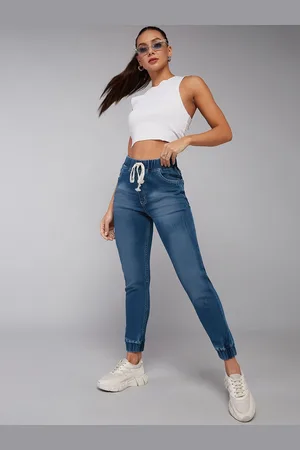 DOLCE CRUDO Women Relaxed Fit Mid Rise Regular Length Scraped Denim Stretchable Joggers