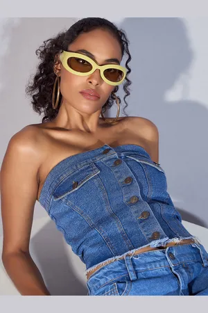 Sassafras Print Off-Shoulder Cotton Denim Tube Top