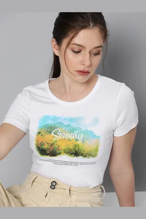 HERE&NOW Women White & Blue Printed Pure Cotton T-shirt