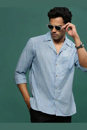 Sangria Men Modern Cuban Collar Striped Cotton Casual Shirt