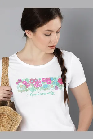 HERE&NOW Women White & Pink Printed Pure Cotton T-shirt