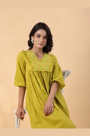 Janasya Self Design Embroidered Puff Sleeves Cotton Dobby A-Line Midi Dress