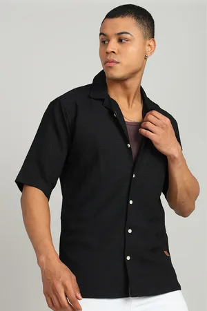 FUBAR Men Cuban Collar Textured Solid Linen Slim Fit Casual Shirt