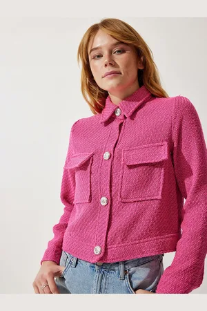 Happiness istanbul Women Spread Collar Solid Crop Jacket