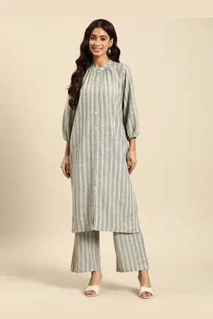 anayna Striped Puff Sleeves Mandarin Collar Pure Cotton Kurta with Palazzos