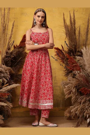 indo street Floral Printed Shoulder Straps Anarkali Kurta with Trousers
