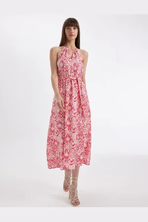 DeFacto Women Floral Print halter Neck Sleeveless Fit & Flare Midi Dress